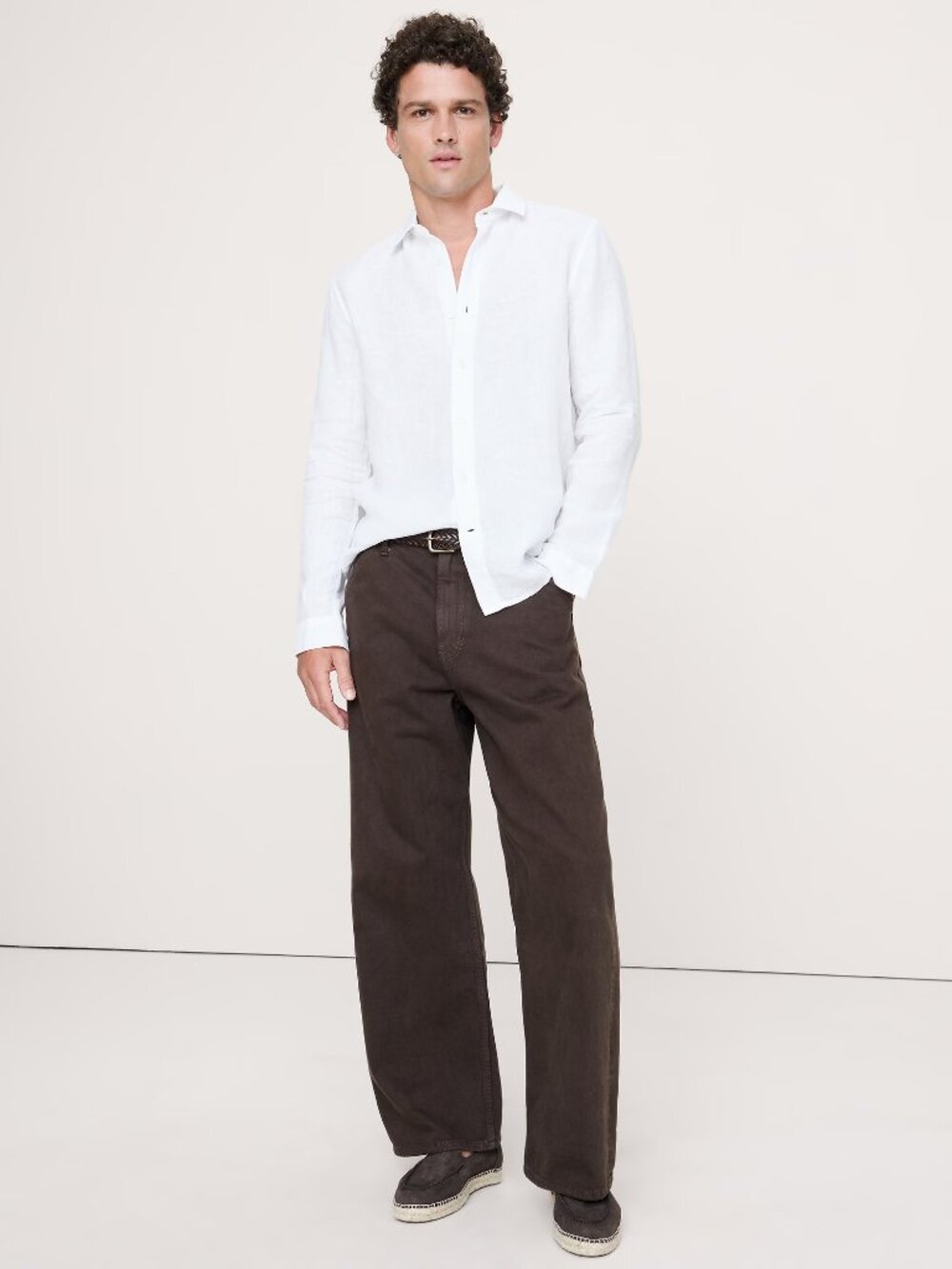 NWT! Banana Republic Men's White 100% Euro Linen Standard-Fit L/S Shirt L - Picture 2 of 4